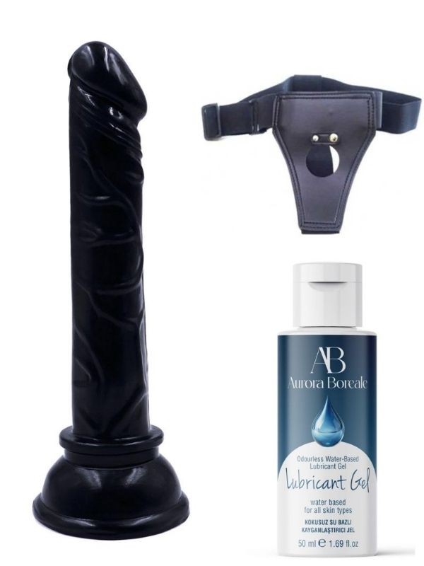 Censan Belden Bağlamalı Kayganlaştırıcı Set Siyah Renk Gerçekçi 15CM Anal Dildo